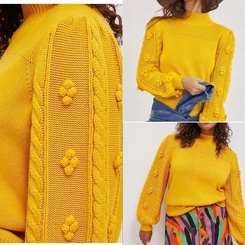 Anthropologie Maeve Kiara Textured Sweater Pom Pom Embroidery Wool Size …